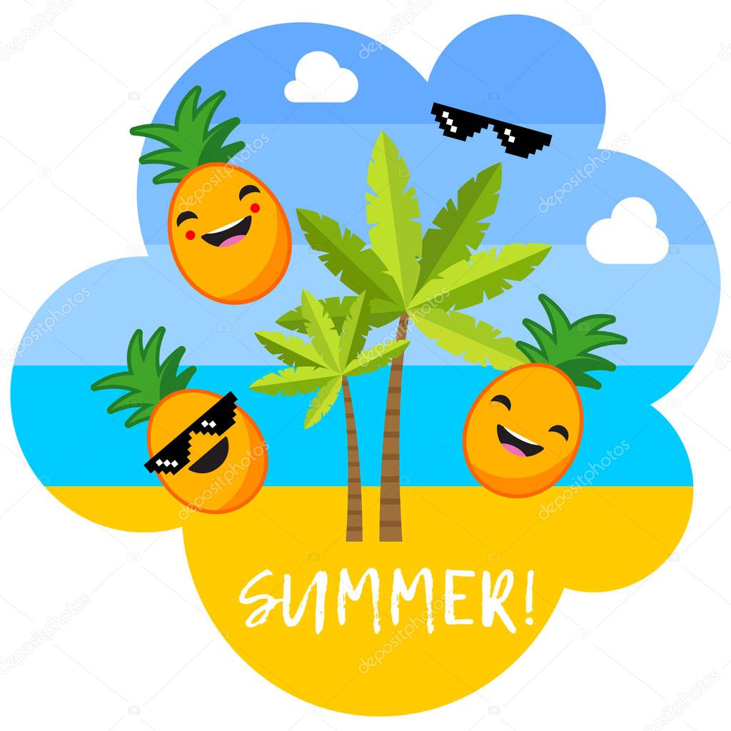 Poster with the sea, palm trees, clouds and cheerful pineapples in sunglasses. Typography. Hello Summer! Vector illustration. Can be used for wallpaper, textile, invitation card, wrapping, web.