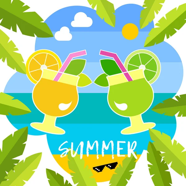 Poster Con Mare Palme Nuvole Cocktail Mojito Tipografia Ciao Summer — Vettoriale Stock