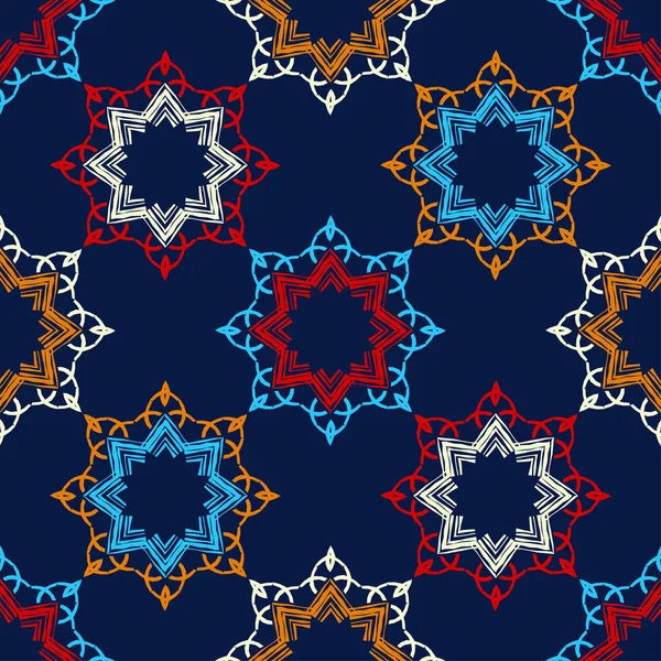 Gwiazdy Etniczny Boho Bezszwowy Wzór Koronki Haft Tkaninie Mozaiki Tekstury — Wektor stockowy