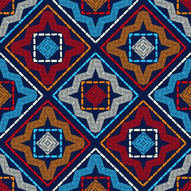 Etnik Boho Dikişsiz desen. Dantel. Kumaş üzerine nakış. Patchwork dokusu. Dokuma. Geleneksel süs. Kabile deseni. Halk motif. Duvar kağıdı, tekstil, sarma, Web için kullanılabilir. 