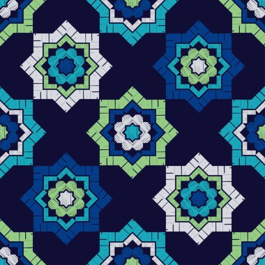 Sekizgen yıldız. Etnik boho sorunsuz desen. Dantel. Kumaş üzerine nakış. Patchwork doku. Dokuma. Geleneksel süs. Kabile tipi. Halk motifi. Duvar kağıdı, tekstil, sarma, web için kullanılabilir. 
