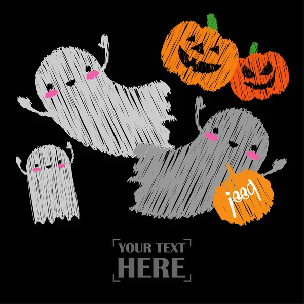 Feliz Tarjeta Halloween Calabazas Fantasmas Kawaii Calabazas Halloween Sonrisa Doodle — Archivo Imágenes Vectoriales