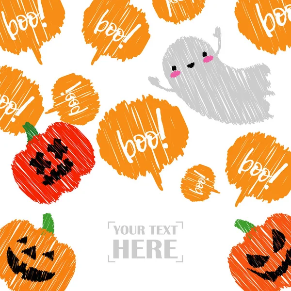 Feliz Cartão Halloween Fantasmas Abóboras Kawaii Sorriso Abóboras Halloween Doodle —  Vetores de Stock