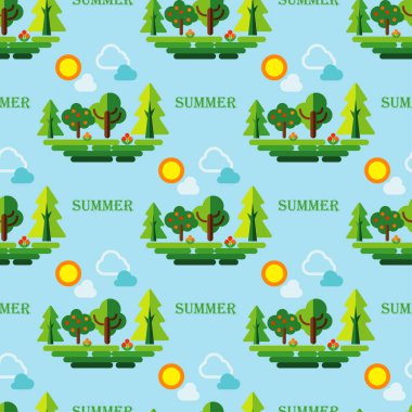 Sezon. Ağaçlar, çimenler, basit bir tarzda bulutlar. Duvar kağıdı, tekstil, davetiye kartı, sarma, web sayfası için kullanılabilir. Arka plan.