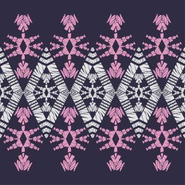 Etnik boho kusursuz desen. Dantelli. Kumaş üzerine nakış. Yama dokusu. Dokuma. Geleneksel süs. Kabile düzeni. Halk motifi. Web tasarımı veya yazdırma için vektör illüstrasyonu.