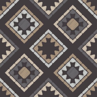 Etnik boho kusursuz desen. Dantelli. Kumaş üzerine nakış. Yama dokusu. Dokuma. Geleneksel süs. Kabile düzeni. Halk motifi. Web tasarımı veya yazdırma için vektör illüstrasyonu.