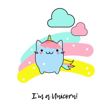 Şirin Tekboynuzlu Kedi. Web tasarımı veya yazdırma için vektör illüstrasyonu.