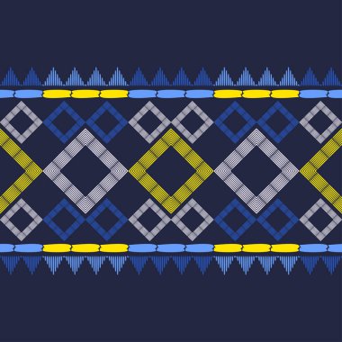 Etnik boho kusursuz desen. Dantelli. Kumaş üzerine nakış. Yama dokusu. Dokuma. Geleneksel süs. Kabile düzeni. Halk motifi. Web tasarımı veya yazdırma için vektör illüstrasyonu.