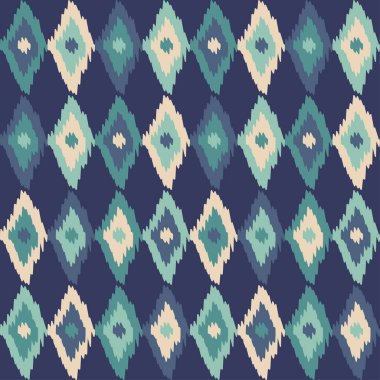 Ikat. Mavi. Kusursuz desen. Geometri. Elle kumandalı tasarım. Etnik boho süsü. Web tasarımı veya yazdırma için vektör illüstrasyonu.