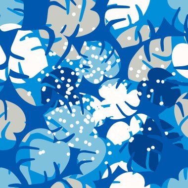 Dekoratif palmiye yaprakları ve noktalı pürüzsüz desen. Çizimin üstünde yapraklardan oluşan bir arka plan var. Web tasarımı veya yazdırma için vektör illüstrasyonu.