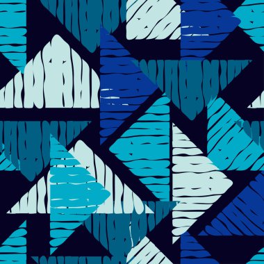 Üçgen mozaiği. Mavi. Kusursuz desen. Geometri. Elle kumandalı tasarım. Tekstil. Etnik boho süsü. Web tasarımı veya yazdırma için vektör illüstrasyonu.