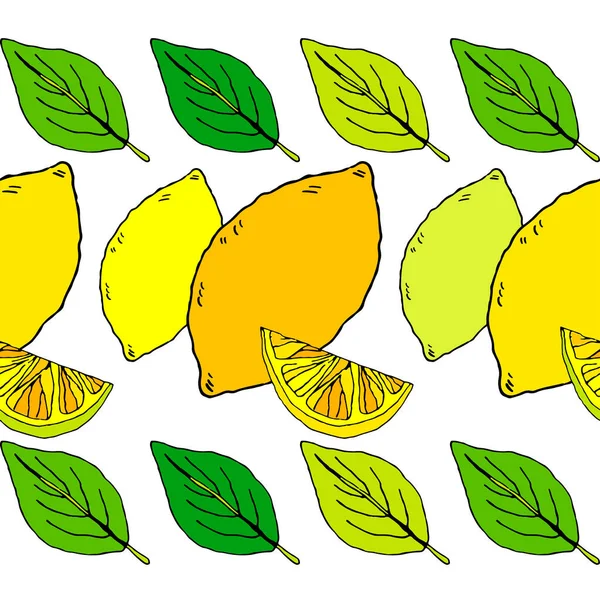 Motif Sans Couture Avec Des Citrons Dessinés Tropical Été Agrumes — Image vectorielle