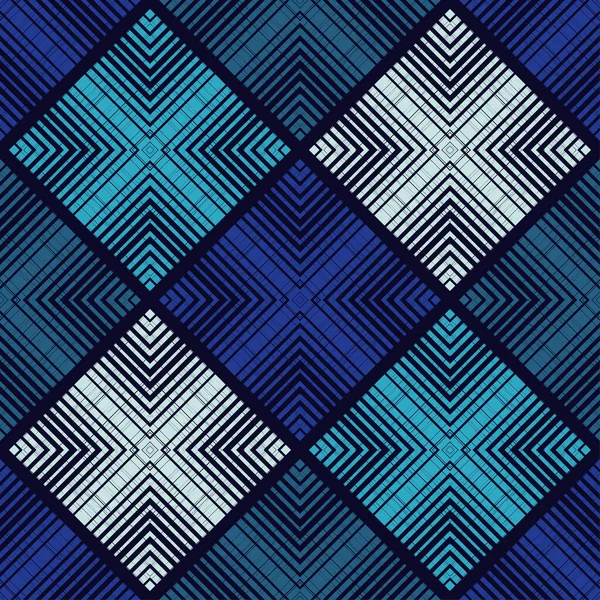 具有几何形状的马赛克 蓝色的设计与人工孵化器 无缝图案 纺织品 民族布荷族装饰 网页设计或印刷的矢量图解 — 图库矢量图片