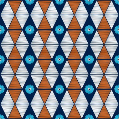 Dekoratif çiçekler ve üçgenlerle kusursuz bir arka plan. Elle kumandalı tasarım. Etnik boho süsü. Tekstil. Web tasarımı veya yazdırma için vektör illüstrasyonu.