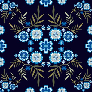 Dekoratif çiçekleri olan kusursuz bir arka plan. Meksika mı? Elle kumandalı tasarım. Etnik boho süsü. Tekstil. Web tasarımı veya yazdırma için vektör illüstrasyonu.