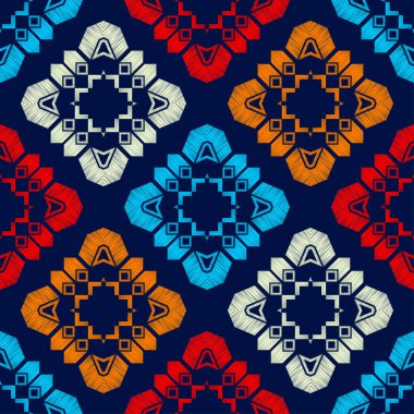 Geometrik şekilli mozaik. Geometri. Kusursuz desen. Elle kumandalı tasarım. Tekstil. Etnik boho süsü. Web tasarımı veya yazdırma için vektör illüstrasyonu.