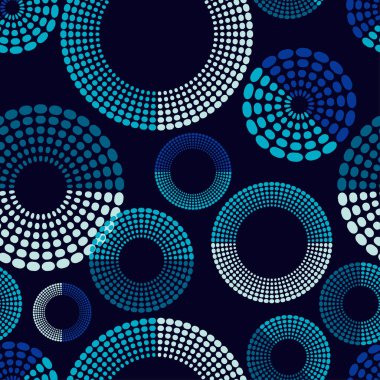 Puantiyeli noktalar kusursuz desen. Nokta çemberleri. Etnik figürler mozaiği. Desenli doku. Geometrik arkaplan. Web tasarımı veya yazdırma için vektör illüstrasyonu.