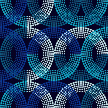 Puantiyeli noktalar kusursuz desen. Nokta çemberleri. Etnik figürler mozaiği. Desenli doku. Geometrik arkaplan. Web tasarımı veya yazdırma için vektör illüstrasyonu.