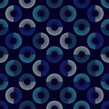 Puantiyeli noktalar kusursuz desen. Nokta çemberleri. Etnik figürler mozaiği. Desenli doku. Geometrik arkaplan. Web tasarımı veya yazdırma için vektör illüstrasyonu.