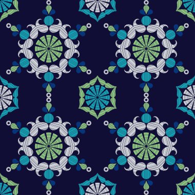 Noel Kar Taneleri. Paisley süsü. Kusursuz bir geçmişi var. Elle kumandalı tasarım. Çizim. Ikat. Web tasarımı veya yazdırma için vektör illüstrasyonu.