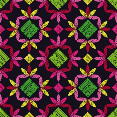 Dekoratif çiçeklerle kusursuz desen. Siyah arka planda pembe çiçekler. Elle kumandalı tasarım. Etnik boho süsü. Tekstil. Web tasarımı veya yazdırma için vektör illüstrasyonu.