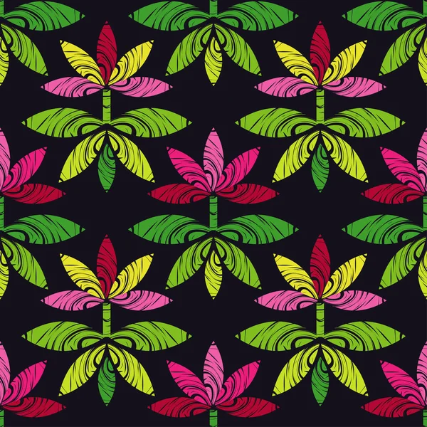 Seamless pattern with decorative flowers. Pink flowers on a black background. Design with manual hatching. Ethnic boho ornament. Textile. Vector illustration for web design or print.