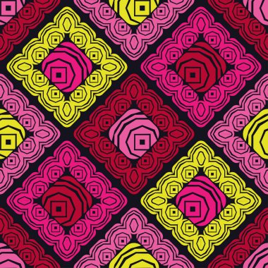 Güller. Geometrik şekilli mozaik. Kusursuz desen. Elle kumandalı tasarım. Tekstil. Etnik boho süsü. Web tasarımı veya yazdırma için vektör illüstrasyonu.