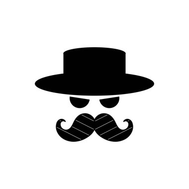 Beyaz arka planda siyah bıyık ve şapka. Eski tarz. Bir adamın silueti. Web tasarımı veya yazdırma için vektör illüstrasyonu.
