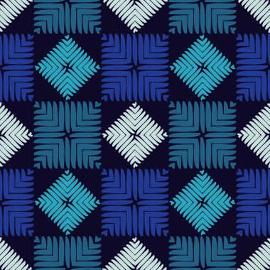 Geometrik şekilli mozaik. Kusursuz desen. Elle kumandalı tasarım. Tekstil. Etnik boho süsü. Web tasarımı veya yazdırma için vektör illüstrasyonu.