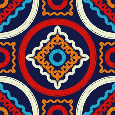 Geometrik şekilli mozaik. Kusursuz desen. Elle kumandalı tasarım. Tekstil. Etnik boho süsü. Web tasarımı veya yazdırma için vektör illüstrasyonu.