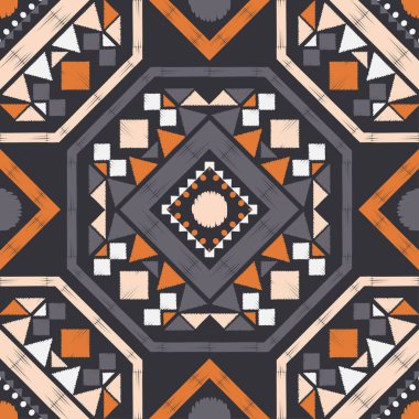 Geometrik şekilli mozaik. Kusursuz desen. Elle kumandalı tasarım. Tekstil. Etnik boho süsü. Web tasarımı veya yazdırma için vektör illüstrasyonu.