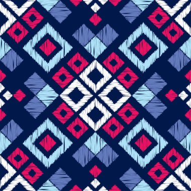 Ikat. Endonezya ve diğer Asya ülkelerindeki kumaşlara ilişkin soyut etnik model. Kusursuz bir geçmişi var. Web tasarımı veya yazdırma için vektör illüstrasyonu.