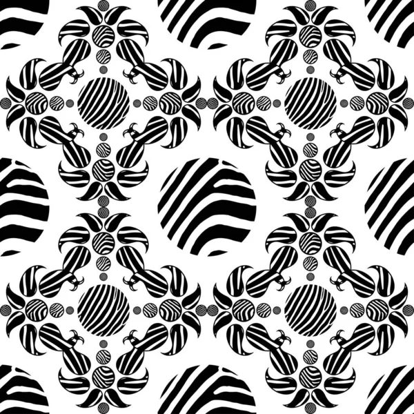 Paisley Ornament Texture Zebra Stripes Black White Seamless Background Ikat — Stock Vector