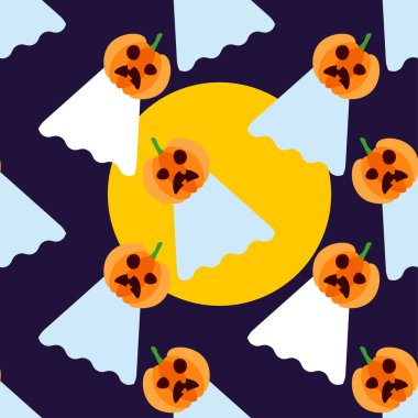 Balkabakları ve hayaletlerle kusursuz desen. Cadılar Bayramı. Duygular. Çizgi filmin stili. Web tasarımı veya yazdırma için vektör illüstrasyonu. 