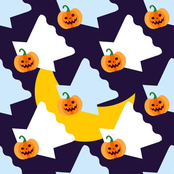 Seamless Pattern Pumpkins Ghosts Halloween Emotions Style Cartoon Vector Illustration — Stock Vector
