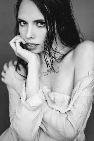 Fashion art studio black and white portrait of beautiful girl
