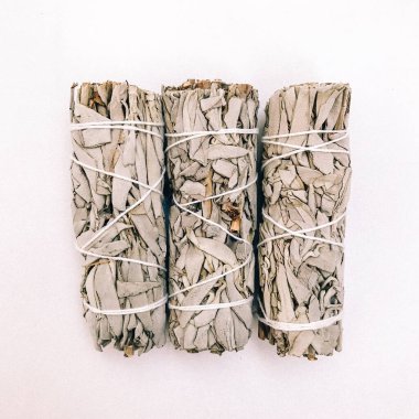 Doğal tütsü, Beyaz Bilge ve Palo Santo. Güney Amerika 'nın kutsal ağacı, renkli kare fotoğraf. Beyaz bilge ve beyaz arka planda Palo Santo.. 