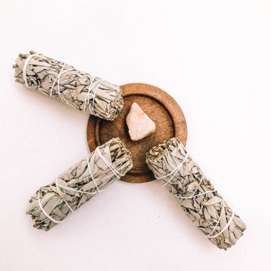 Doğal tütsü, Beyaz Bilge ve Palo Santo. Güney Amerika 'nın kutsal ağacı, renkli kare fotoğraf. Beyaz bilge ve beyaz arka planda Palo Santo.. 