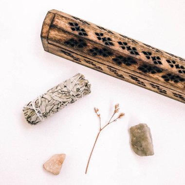 Doğal tütsü, Beyaz Bilge ve Palo Santo. Güney Amerika 'nın kutsal ağacı, renkli kare fotoğraf. Beyaz bilge ve beyaz arka planda Palo Santo.. 