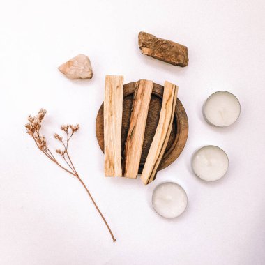 Doğal tütsü, Beyaz Bilge ve Palo Santo. Güney Amerika 'nın kutsal ağacı, renkli kare fotoğraf. Beyaz bilge ve beyaz arka planda Palo Santo.. 