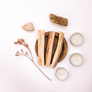 Doğal tütsü, Beyaz Bilge ve Palo Santo. Güney Amerika 'nın kutsal ağacı, renkli kare fotoğraf. Beyaz bilge ve beyaz arka planda Palo Santo.. 