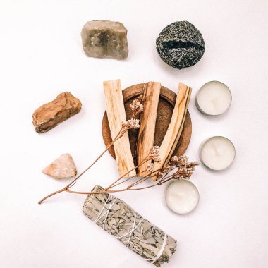 Doğal tütsü, Beyaz Bilge ve Palo Santo. Güney Amerika 'nın kutsal ağacı, renkli kare fotoğraf. Beyaz bilge ve beyaz arka planda Palo Santo.. 