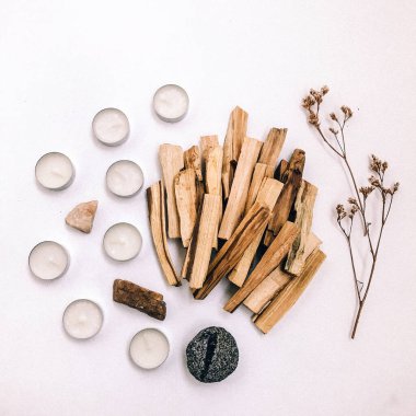 Doğal tütsü, Beyaz Bilge ve Palo Santo. Güney Amerika 'nın kutsal ağacı, renkli kare fotoğraf. Beyaz bilge ve beyaz arka planda Palo Santo.. 