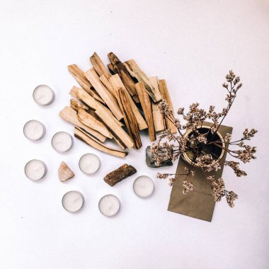 Doğal tütsü, Beyaz Bilge ve Palo Santo. Güney Amerika 'nın kutsal ağacı, renkli kare fotoğraf. Beyaz bilge ve beyaz arka planda Palo Santo.. 