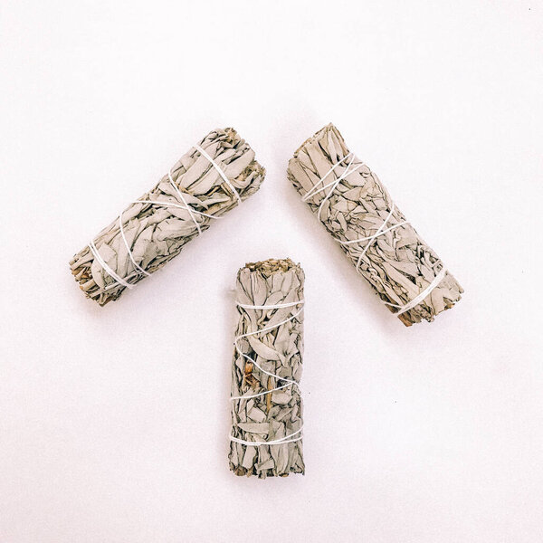 Natural incense White Sage and Palo Santo. Sacred tree of South America, color square photo.White Sage and Palo Santo on white background. 