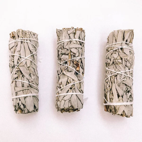 Natural incense White Sage and Palo Santo. Sacred tree of South America, color square photo.White Sage and Palo Santo on white background.