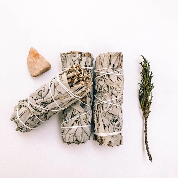 Natural incense White Sage and Palo Santo. Sacred tree of South America, color square photo.White Sage and Palo Santo on white background.