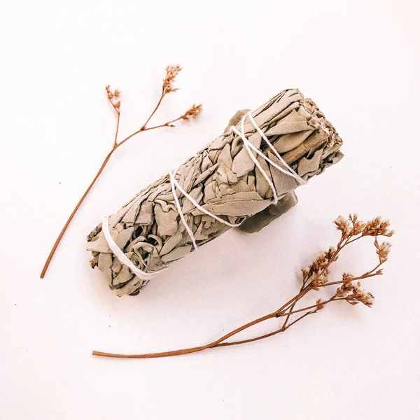 Natural incense White Sage and Palo Santo. Sacred tree of South America, color square photo.White Sage and Palo Santo on white background.