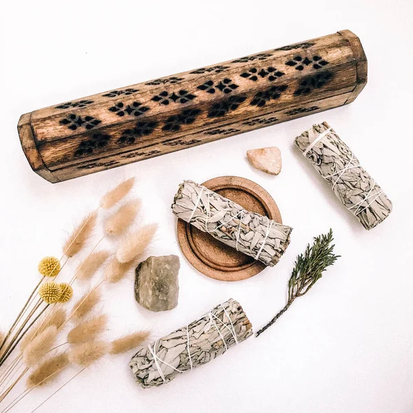 Doğal tütsü, Beyaz Bilge ve Palo Santo. Güney Amerika 'nın kutsal ağacı, renkli kare fotoğraf. Beyaz bilge ve beyaz arka planda Palo Santo.. 