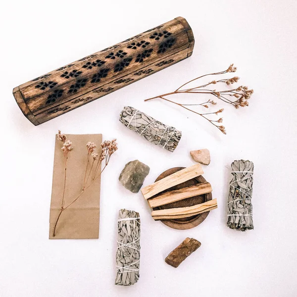 Doğal tütsü, Beyaz Bilge ve Palo Santo. Güney Amerika 'nın kutsal ağacı, renkli kare fotoğraf. Beyaz bilge ve beyaz arka planda Palo Santo.. 